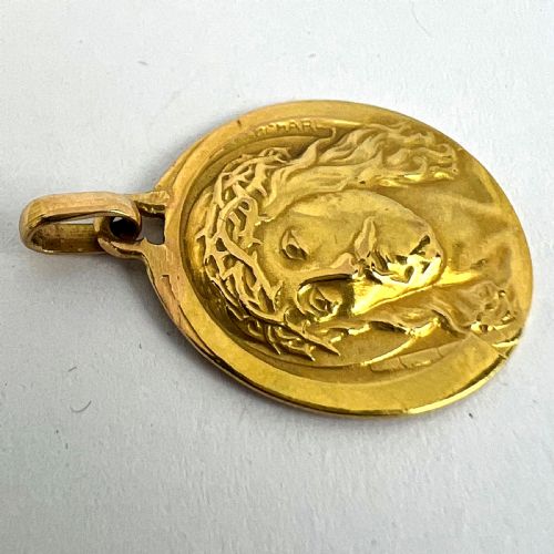 FRENCH CHARL 18K YELLOW GOLD JESUS CHRIST CROWN OF THORNS MEDAL CHARM PENDANT - ADDITIONAL PHOTO 13