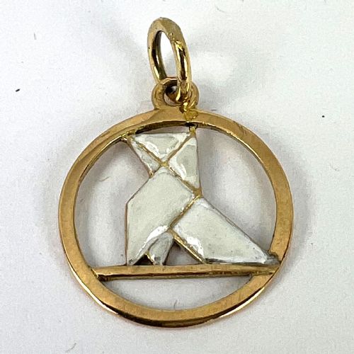 FRENCH ART DECO WHITE ORIGAMI BIRD 18K YELLOW GOLD ENAMEL CHARM PENDANT - ADDITIONAL PHOTO 11