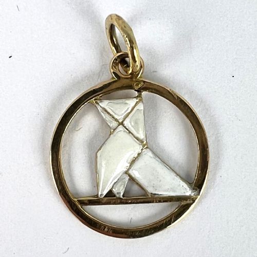 FRENCH ART DECO WHITE ORIGAMI BIRD 18K YELLOW GOLD ENAMEL CHARM PENDANT - ADDITIONAL PHOTO 12