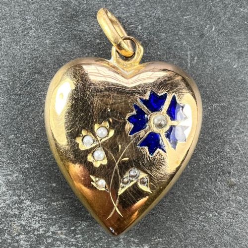 FRENCH PUFFY LOVE HEART FLOWERS 18K YELLOW GOLD ENAMEL PEARL PENDANT - ADDITIONAL PHOTO 1