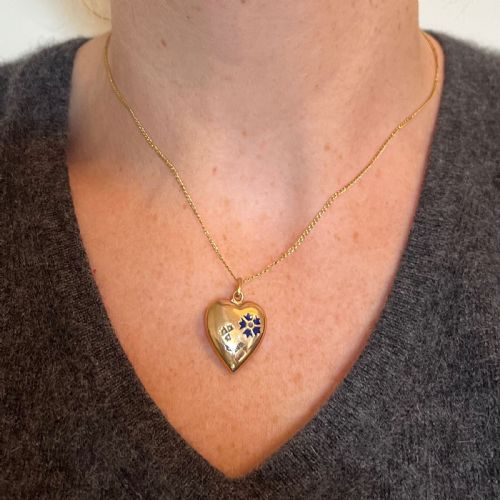 FRENCH PUFFY LOVE HEART FLOWERS 18K YELLOW GOLD ENAMEL PEARL PENDANT - ADDITIONAL PHOTO 3