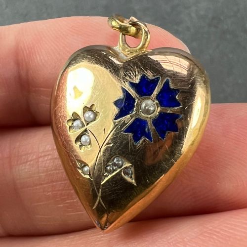 FRENCH PUFFY LOVE HEART FLOWERS 18K YELLOW GOLD ENAMEL PEARL PENDANT - ADDITIONAL PHOTO 4
