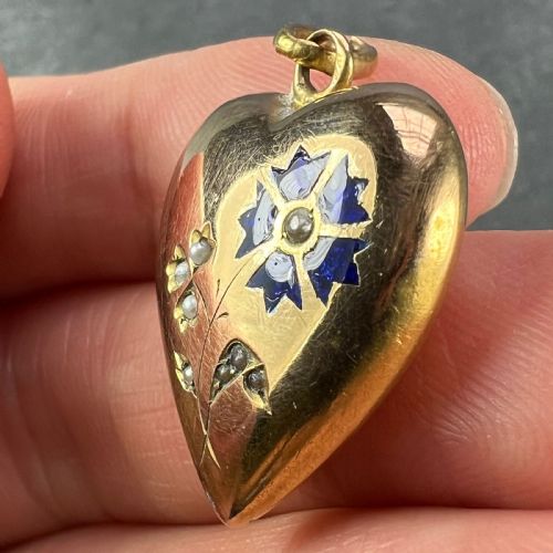 FRENCH PUFFY LOVE HEART FLOWERS 18K YELLOW GOLD ENAMEL PEARL PENDANT - ADDITIONAL PHOTO 5