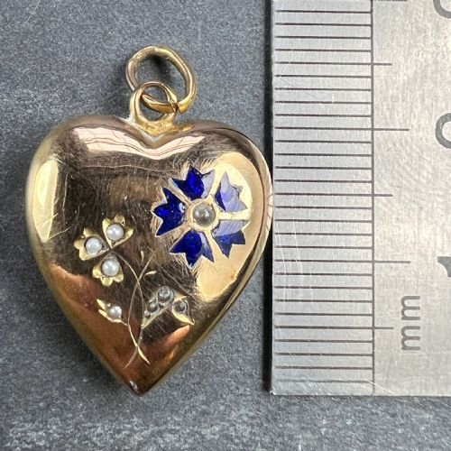 FRENCH PUFFY LOVE HEART FLOWERS 18K YELLOW GOLD ENAMEL PEARL PENDANT - ADDITIONAL PHOTO 8