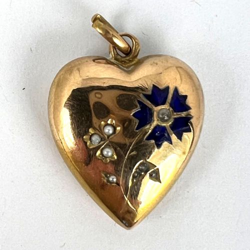 FRENCH PUFFY LOVE HEART FLOWERS 18K YELLOW GOLD ENAMEL PEARL PENDANT - ADDITIONAL PHOTO 10