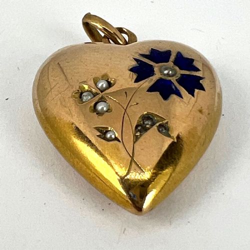 FRENCH PUFFY LOVE HEART FLOWERS 18K YELLOW GOLD ENAMEL PEARL PENDANT - ADDITIONAL PHOTO 11