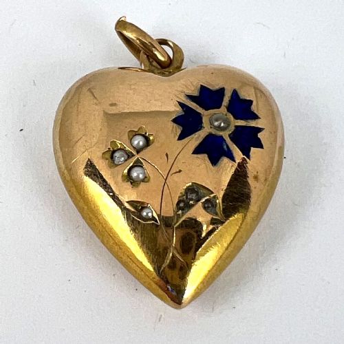 FRENCH PUFFY LOVE HEART FLOWERS 18K YELLOW GOLD ENAMEL PEARL PENDANT - ADDITIONAL PHOTO 12