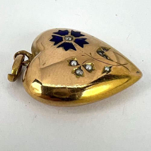 FRENCH PUFFY LOVE HEART FLOWERS 18K YELLOW GOLD ENAMEL PEARL PENDANT - ADDITIONAL PHOTO 13