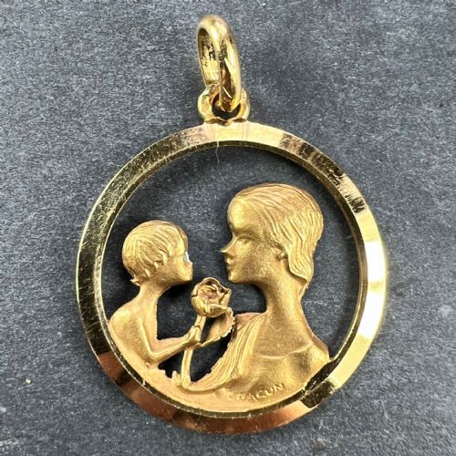 FRENCH 18K YELLOW GOLD MOTHER AND CHILD ROSE MEDAL PENDANT - ADDITIONAL PHOTO 1