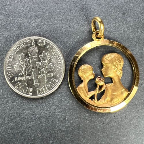 FRENCH 18K YELLOW GOLD MOTHER AND CHILD ROSE MEDAL PENDANT - ADDITIONAL PHOTO 9