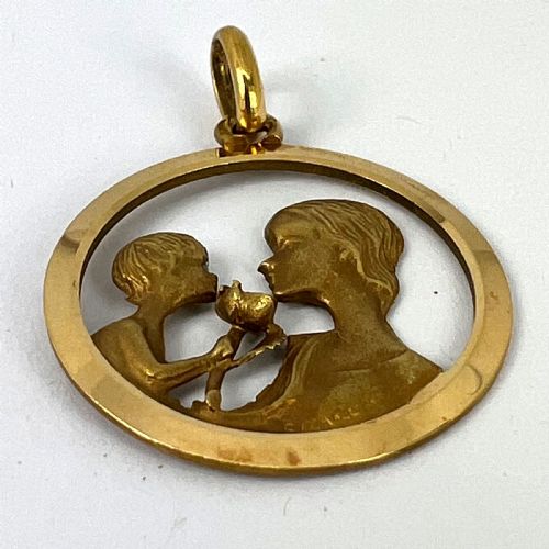 FRENCH 18K YELLOW GOLD MOTHER AND CHILD ROSE MEDAL PENDANT - ADDITIONAL PHOTO 12