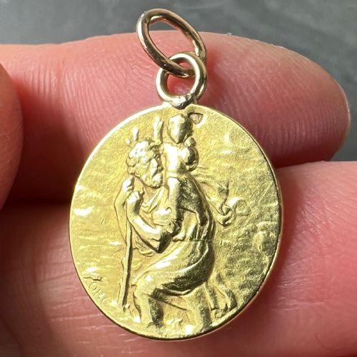 FRENCH OBC SAINT CHRISTOPHER LIGHTNING STRIKE 18K YELLOW GOLD PENDANT MEDAL - ADDITIONAL PHOTO 5