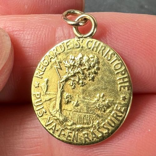 FRENCH OBC SAINT CHRISTOPHER LIGHTNING STRIKE 18K YELLOW GOLD PENDANT MEDAL - ADDITIONAL PHOTO 7