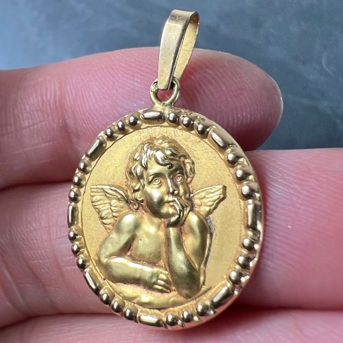 FRENCH RAPHAELS CHERUB 18K YELLOW GOLD CHARM MEDAL PENDANT - ADDITIONAL PHOTO 5