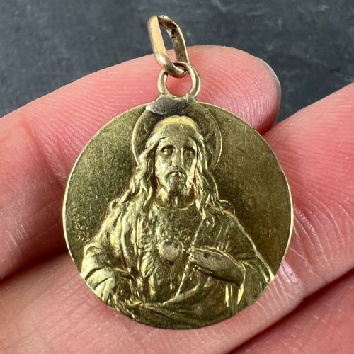 FRENCH SACRED HEART MADONNA AND CHILD 18K YELLOW GOLD MEDAL PENDANT - ADDITIONAL PHOTO 4