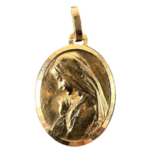 MONIER PERRIAT FRENCH VIRGIN MARY OVAL 18K YELLOW GOLD PENDANT MEDAL