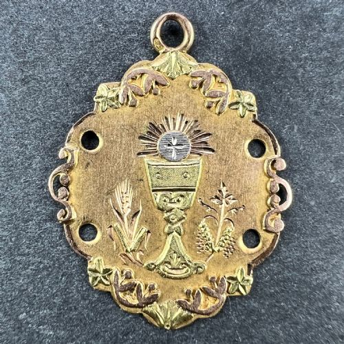 ANTIQUE FRENCH FIRST COMMUNION CHALICE 18K YELLOW ROSE WHITE GOLD CHARM PENDANT - ADDITIONAL PHOTO 1