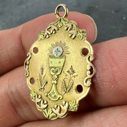 ANTIQUE FRENCH FIRST COMMUNION CHALICE 18K YELLOW ROSE WHITE GOLD CHARM PENDANT - ADDITIONAL PHOTO 5