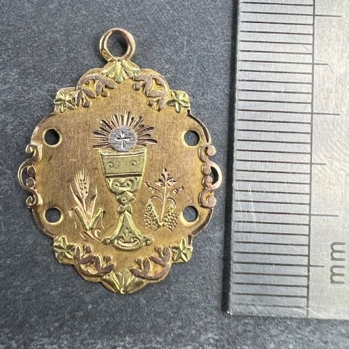 ANTIQUE FRENCH FIRST COMMUNION CHALICE 18K YELLOW ROSE WHITE GOLD CHARM PENDANT - ADDITIONAL PHOTO 8