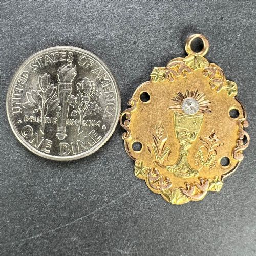 ANTIQUE FRENCH FIRST COMMUNION CHALICE 18K YELLOW ROSE WHITE GOLD CHARM PENDANT - ADDITIONAL PHOTO 9