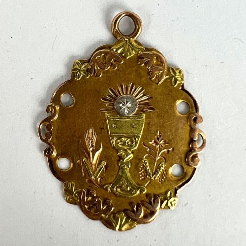 ANTIQUE FRENCH FIRST COMMUNION CHALICE 18K YELLOW ROSE WHITE GOLD CHARM PENDANT - ADDITIONAL PHOTO 10