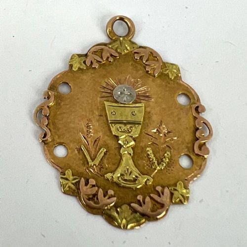 ANTIQUE FRENCH FIRST COMMUNION CHALICE 18K YELLOW ROSE WHITE GOLD CHARM PENDANT - ADDITIONAL PHOTO 11