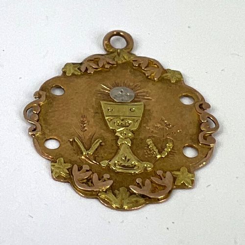 ANTIQUE FRENCH FIRST COMMUNION CHALICE 18K YELLOW ROSE WHITE GOLD CHARM PENDANT - ADDITIONAL PHOTO 12