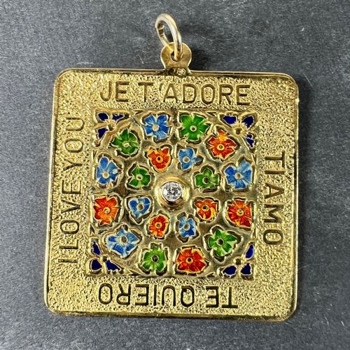 MERRIN I LOVE YOU DIAMOND ENAMEL FLOWERS 18K YELLOW GOLD LOVE CHARM PENDANT - ADDITIONAL PHOTO 2