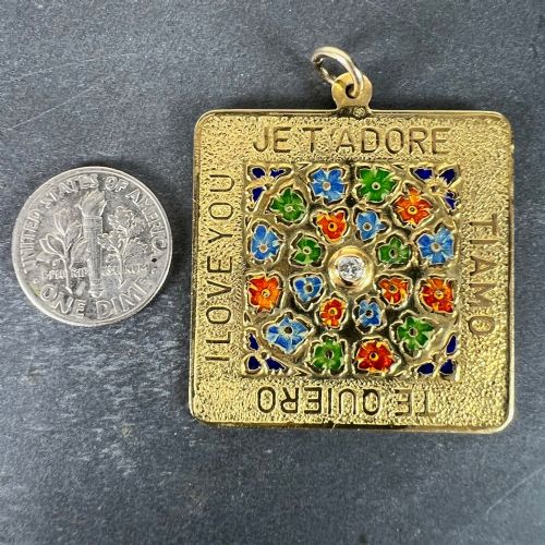 MERRIN I LOVE YOU DIAMOND ENAMEL FLOWERS 18K YELLOW GOLD LOVE CHARM PENDANT - ADDITIONAL PHOTO 8