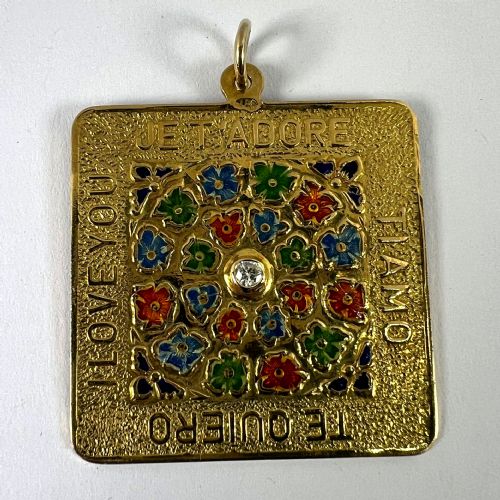 MERRIN I LOVE YOU DIAMOND ENAMEL FLOWERS 18K YELLOW GOLD LOVE CHARM PENDANT - ADDITIONAL PHOTO 10