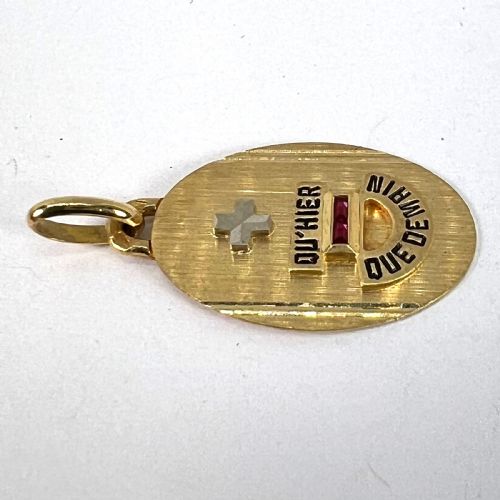 FRENCH AUGIS PLUS QUHIER 18K YELLOW WHITE GOLD ENAMEL RUBY LOVE PENDANT - ADDITIONAL PHOTO 13