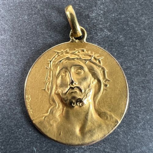 FRENCH DROPSY JESUS CHRIST CROWN OF THORNS 18K YELLOW GOLD MEDAL PENDANT - ADDITIONAL PHOTO 1