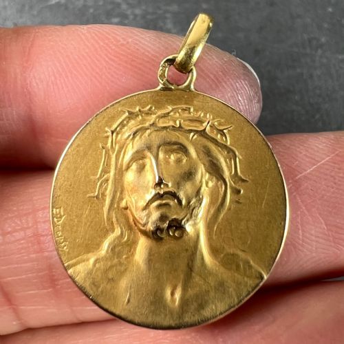 FRENCH DROPSY JESUS CHRIST CROWN OF THORNS 18K YELLOW GOLD MEDAL PENDANT - ADDITIONAL PHOTO 4