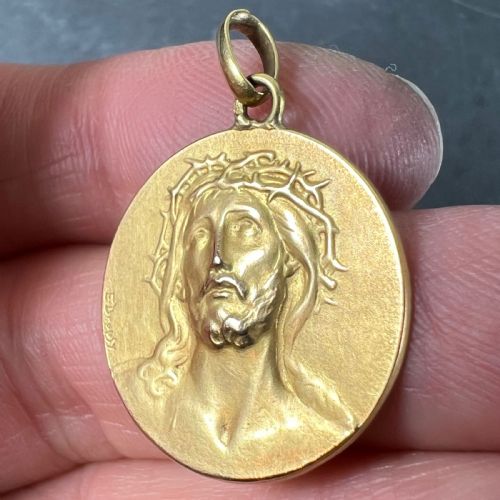 FRENCH DROPSY JESUS CHRIST CROWN OF THORNS 18K YELLOW GOLD MEDAL PENDANT - ADDITIONAL PHOTO 5