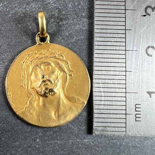 FRENCH DROPSY JESUS CHRIST CROWN OF THORNS 18K YELLOW GOLD MEDAL PENDANT - ADDITIONAL PHOTO 8