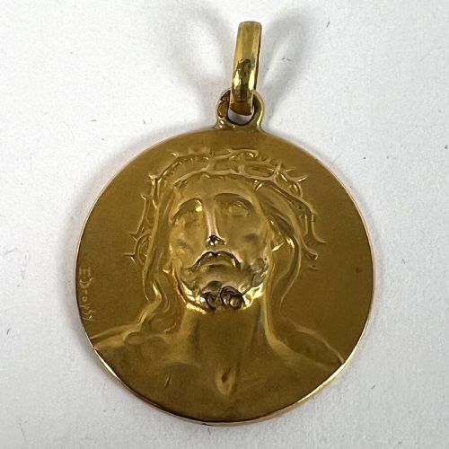 FRENCH DROPSY JESUS CHRIST CROWN OF THORNS 18K YELLOW GOLD MEDAL PENDANT - ADDITIONAL PHOTO 10