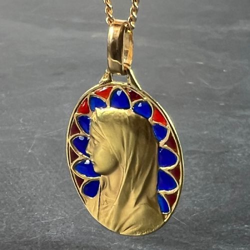 FRENCH DROPSY VIRGIN MARY PLIQUE A JOUR ENAMEL 18K YELLOW GOLD PENDANT MEDAL - ADDITIONAL PHOTO 1