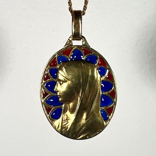 FRENCH DROPSY VIRGIN MARY PLIQUE A JOUR ENAMEL 18K YELLOW GOLD PENDANT MEDAL - ADDITIONAL PHOTO 2