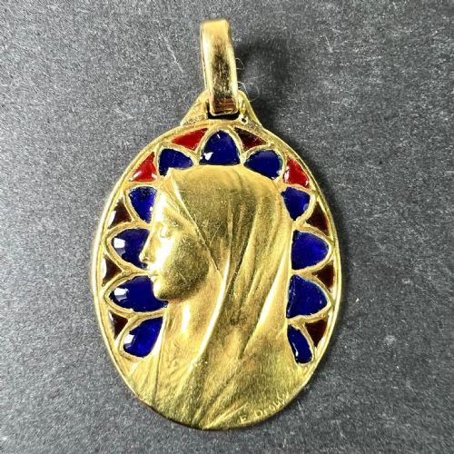 FRENCH DROPSY VIRGIN MARY PLIQUE A JOUR ENAMEL 18K YELLOW GOLD PENDANT MEDAL - ADDITIONAL PHOTO 3