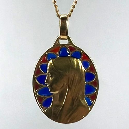 FRENCH DROPSY VIRGIN MARY PLIQUE A JOUR ENAMEL 18K YELLOW GOLD PENDANT MEDAL - ADDITIONAL PHOTO 4