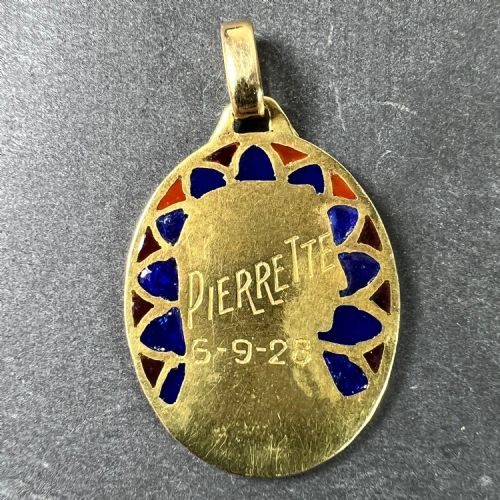 FRENCH DROPSY VIRGIN MARY PLIQUE A JOUR ENAMEL 18K YELLOW GOLD PENDANT MEDAL - ADDITIONAL PHOTO 5