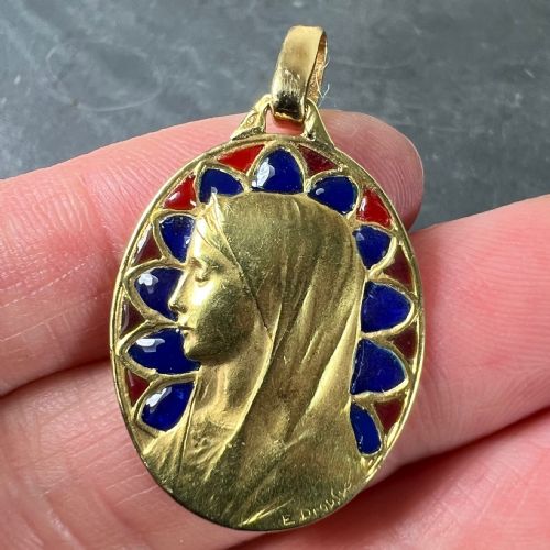 FRENCH DROPSY VIRGIN MARY PLIQUE A JOUR ENAMEL 18K YELLOW GOLD PENDANT MEDAL - ADDITIONAL PHOTO 7