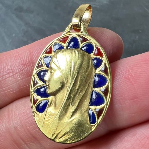 FRENCH DROPSY VIRGIN MARY PLIQUE A JOUR ENAMEL 18K YELLOW GOLD PENDANT MEDAL - ADDITIONAL PHOTO 8