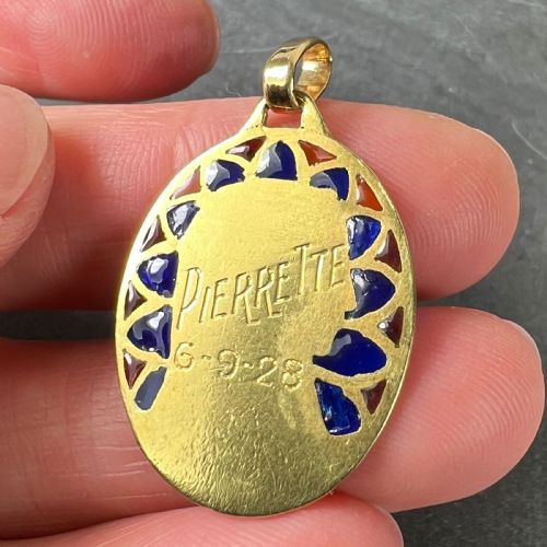 FRENCH DROPSY VIRGIN MARY PLIQUE A JOUR ENAMEL 18K YELLOW GOLD PENDANT MEDAL - ADDITIONAL PHOTO 9