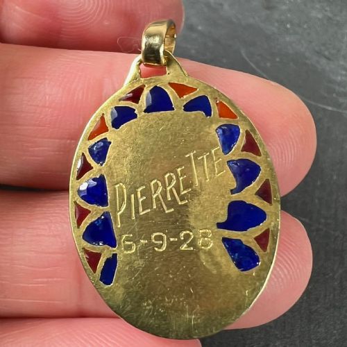 FRENCH DROPSY VIRGIN MARY PLIQUE A JOUR ENAMEL 18K YELLOW GOLD PENDANT MEDAL - ADDITIONAL PHOTO 11