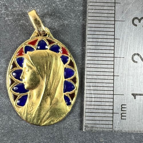 FRENCH DROPSY VIRGIN MARY PLIQUE A JOUR ENAMEL 18K YELLOW GOLD PENDANT MEDAL - ADDITIONAL PHOTO 12