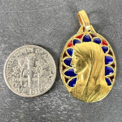 FRENCH DROPSY VIRGIN MARY PLIQUE A JOUR ENAMEL 18K YELLOW GOLD PENDANT MEDAL - ADDITIONAL PHOTO 13