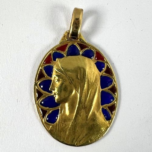 FRENCH DROPSY VIRGIN MARY PLIQUE A JOUR ENAMEL 18K YELLOW GOLD PENDANT MEDAL - ADDITIONAL PHOTO 14