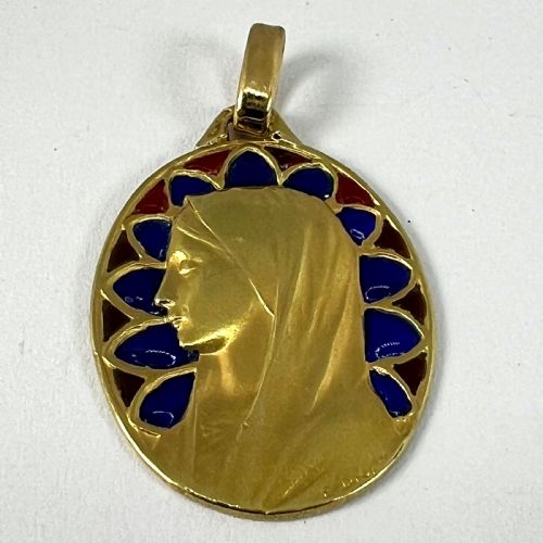 FRENCH DROPSY VIRGIN MARY PLIQUE A JOUR ENAMEL 18K YELLOW GOLD PENDANT MEDAL - ADDITIONAL PHOTO 15
