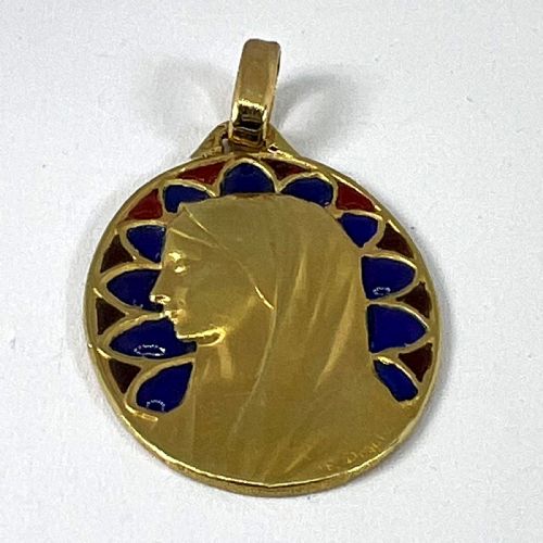 FRENCH DROPSY VIRGIN MARY PLIQUE A JOUR ENAMEL 18K YELLOW GOLD PENDANT MEDAL - ADDITIONAL PHOTO 16